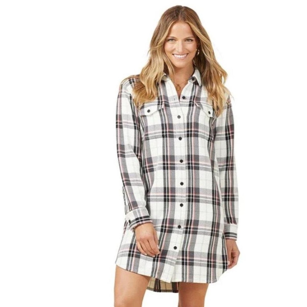 Outerknown Blanket Shirt Dress Women Size S cream Plaid Long Sleeve Button Down